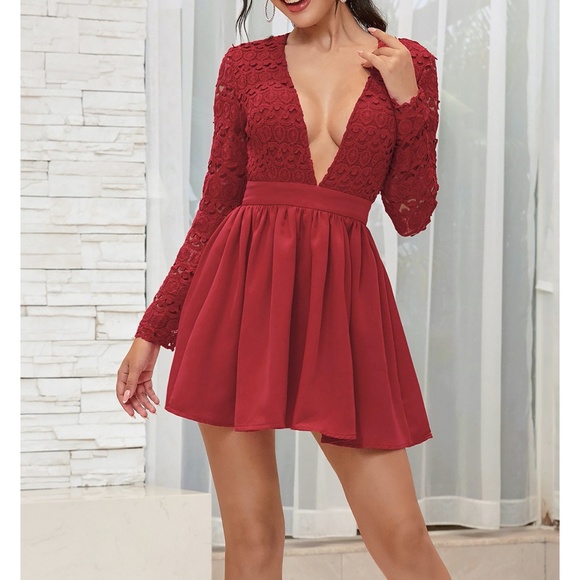 Red Plunge Guipure Lace Long Sleeve Skater Dress - Picture 4 of 16